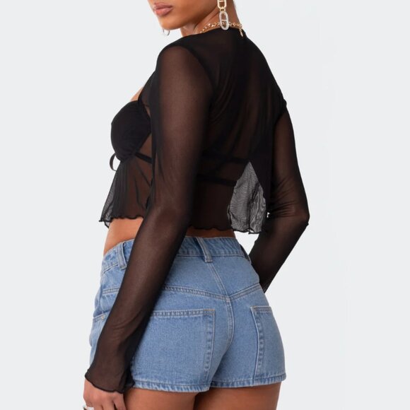 edikted Tie Front Cupped Mesh Top in Black, XS NWT - Picture 7 of 8